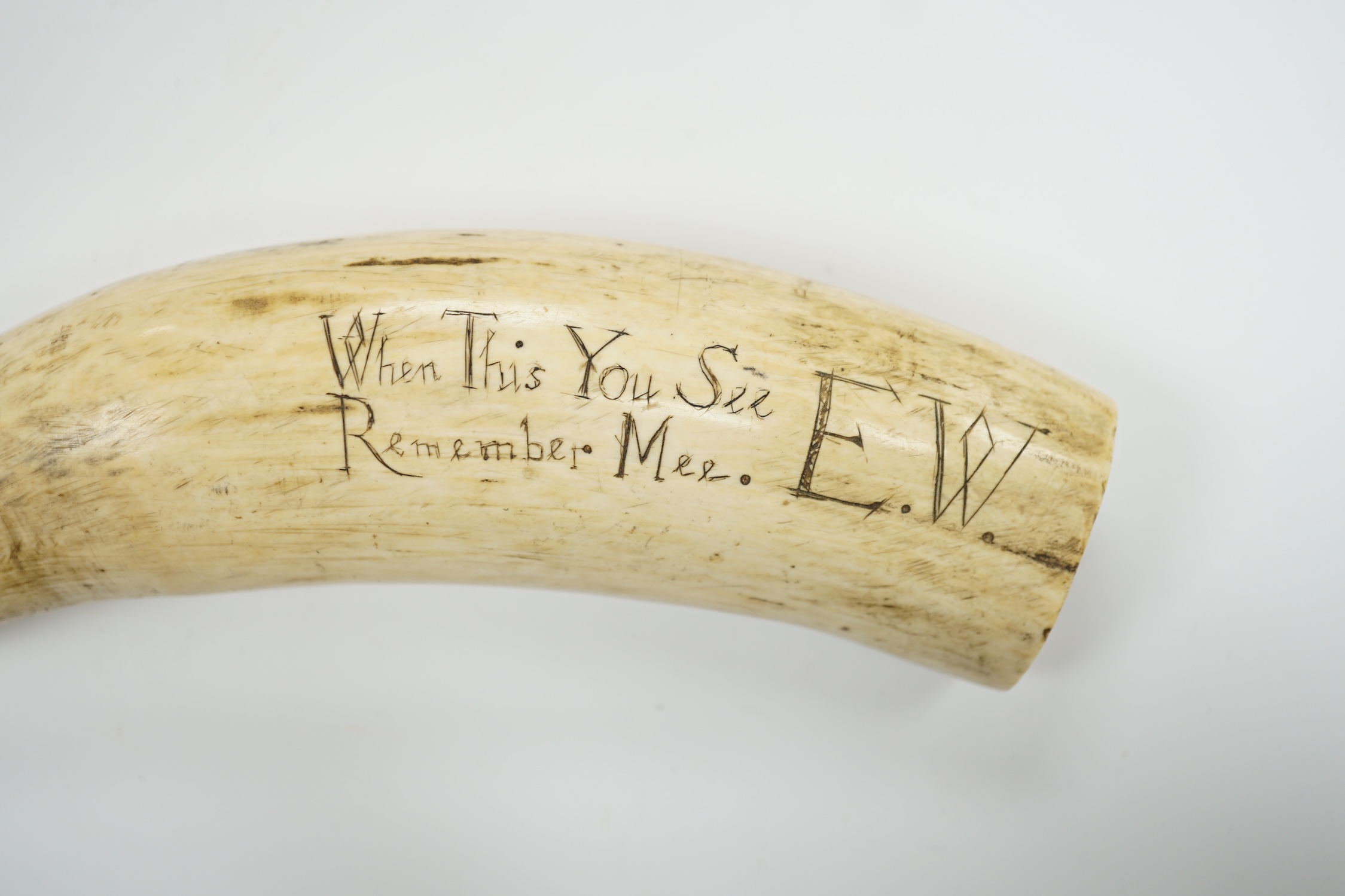 A 19th century Scrimshaw walrus tooth with carved motto ‘When this you see, remember mee’ and initialled E.W, 16cm in length